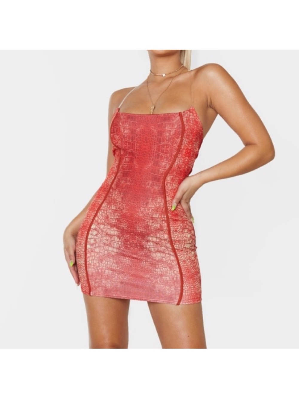 PrettyLittleThing Red Textured Snake-Print Bodycon Mini Dress